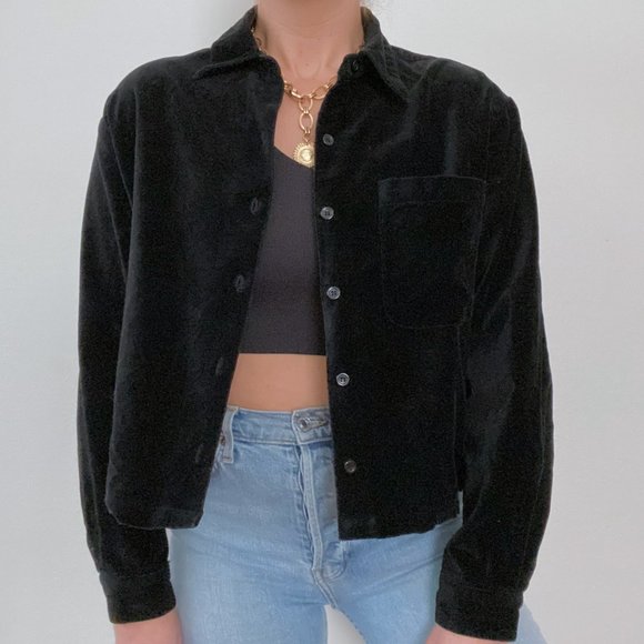 Vintage Tops - 90s Black Velvet Oversized Button Down